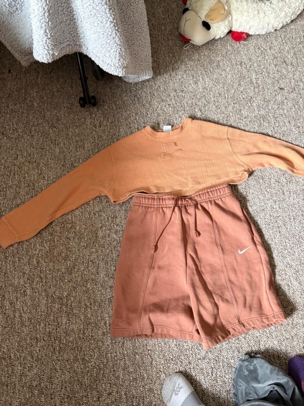 Nike Rust Terracotta Drawstring Shorts with Cropped Ribbed Top - Rust/Peach